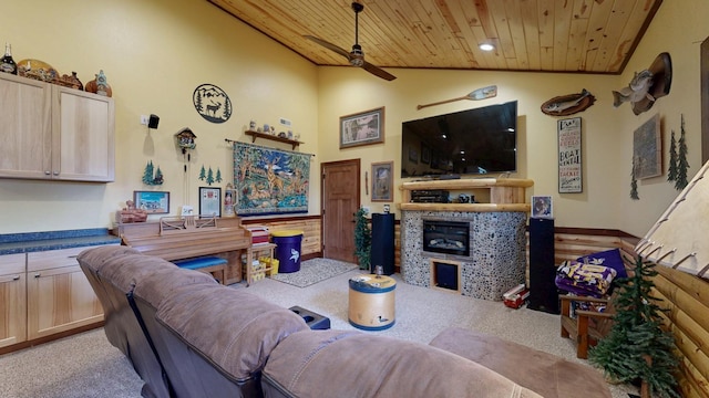 380 7th St SE, Chatfield, MN 55923 - carpeted living area featuring wood ceiling, ceiling fan, a glass covered fireplace, recessed lighting, and high vaulted ceiling