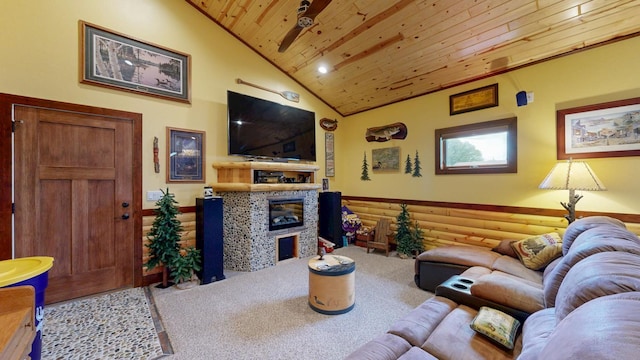 380 7th St SE, Chatfield, MN 55923 - living room with wooden ceiling, a glass covered fireplace, carpet floors, high vaulted ceiling, and a ceiling fan
