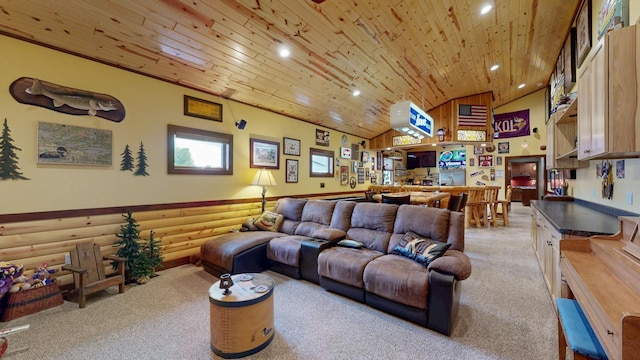 380 7th St SE, Chatfield, MN 55923 - living room with wood ceiling, light colored carpet, bar, recessed lighting, and rustic walls