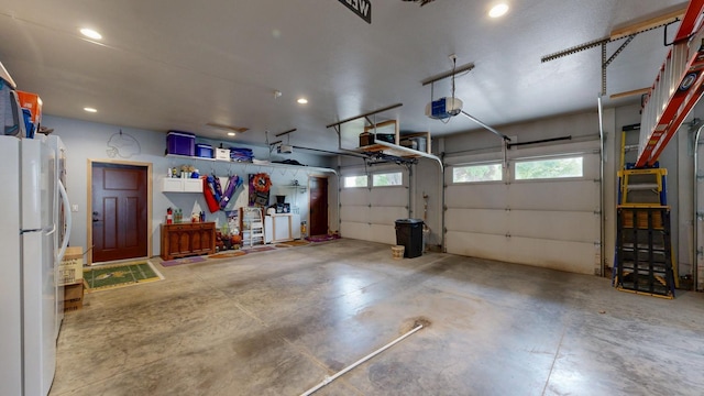 380 7th St SE, Chatfield, MN 55923 - garage with freestanding refrigerator, a garage door opener, and recessed lighting