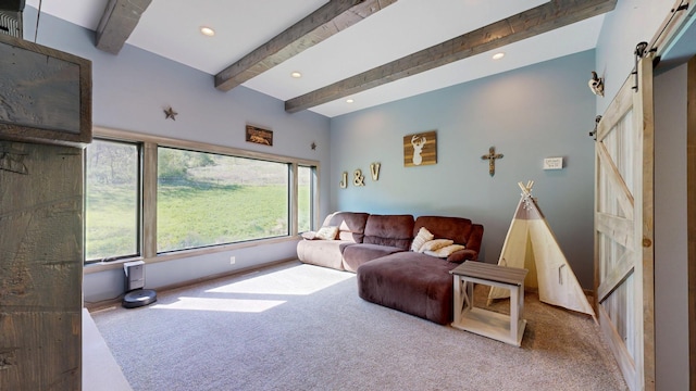 29572 Morgan Rd, Wykoff, MN 55990 - living room featuring a barn door, carpet, beamed ceiling, and recessed lighting