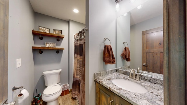 29572 Morgan Rd, Wykoff, MN 55990 - bathroom with toilet, vanity, and wood finished floors