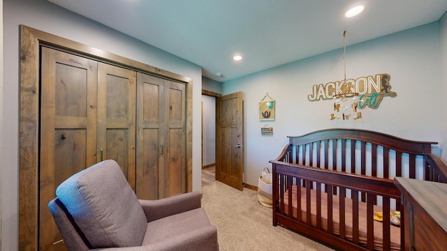 29572 Morgan Rd, Wykoff, MN 55990 - carpeted bedroom featuring a chandelier, baseboards, and recessed lighting