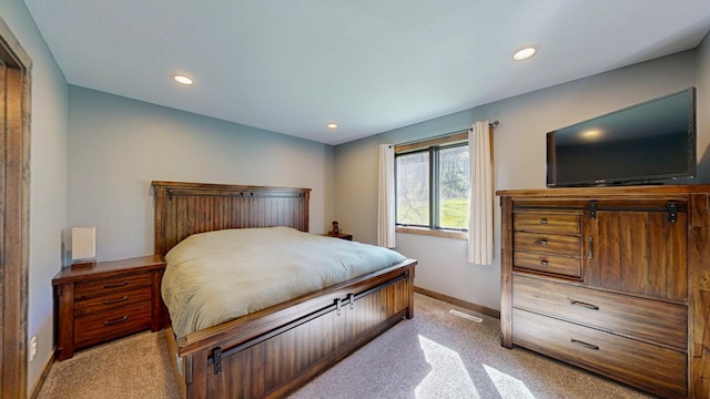 29572 Morgan Rd, Wykoff, MN 55990 - bedroom with baseboards, light carpet, and recessed lighting