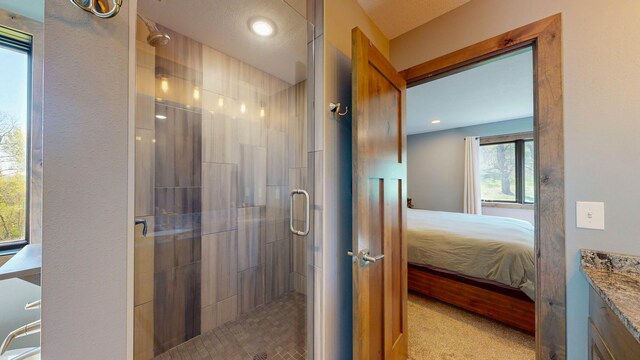 29572 Morgan Rd, Wykoff, MN 55990 - full bath featuring connected bathroom, a stall shower, vanity, and recessed lighting