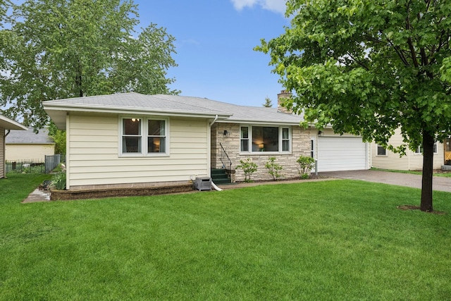 621 Irving Ave NW, Elk River, MN 55330 - ranch-style house featuring driveway, a chimney, a front lawn, a garage, and roof with shingles