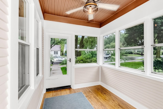 1093 Smith Ave S, West Saint Paul, MN 55118 - unfurnished sunroom with wooden ceiling, ceiling fan, and wood finished floors