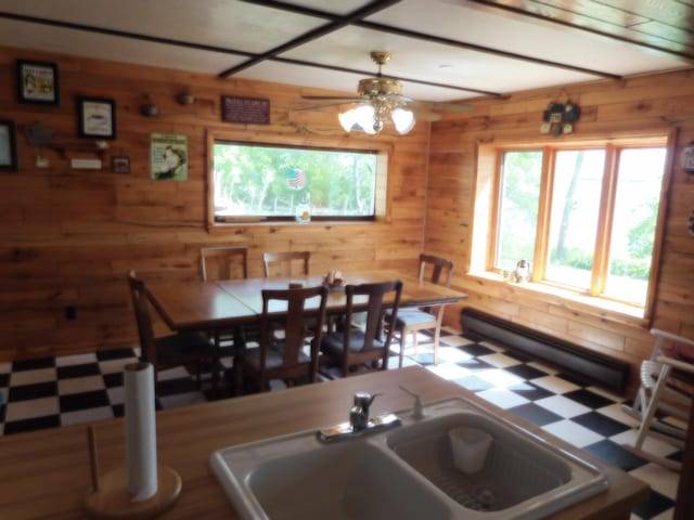31649 250th Ave, Wendell, MN 56590 - dining space with tile patterned floors, plenty of natural light, wooden walls, a ceiling fan, and a baseboard heating unit