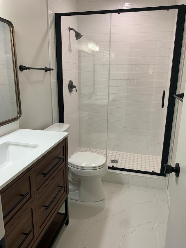 18520 29th Ave N, Plymouth, MN 55447 - full bathroom with marble look tiles, vanity, and a shower stall
