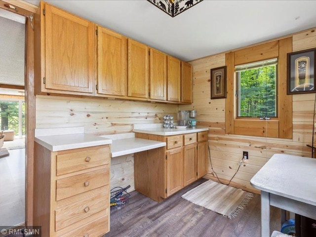 1403 County 5 NW, Hackensack, MN 56452 - kitchen with light countertops, wooden walls, and dark wood-style floors