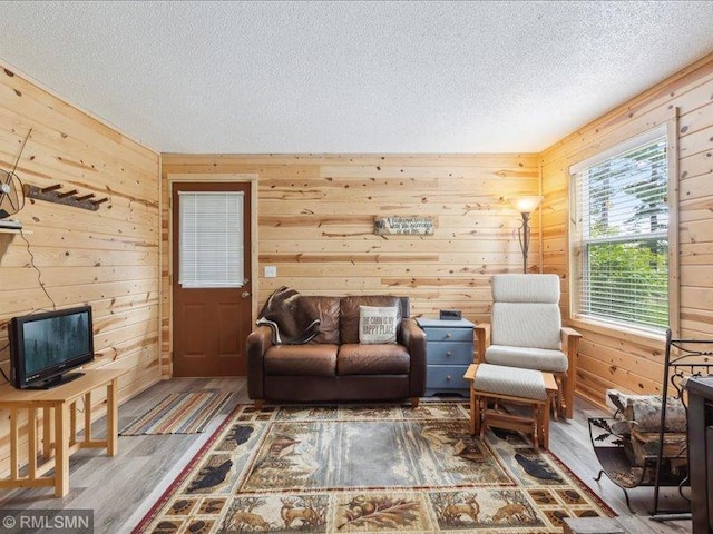 1403 County 5 NW, Hackensack, MN 56452 - living area featuring wood finished floors, a textured ceiling, and wood walls