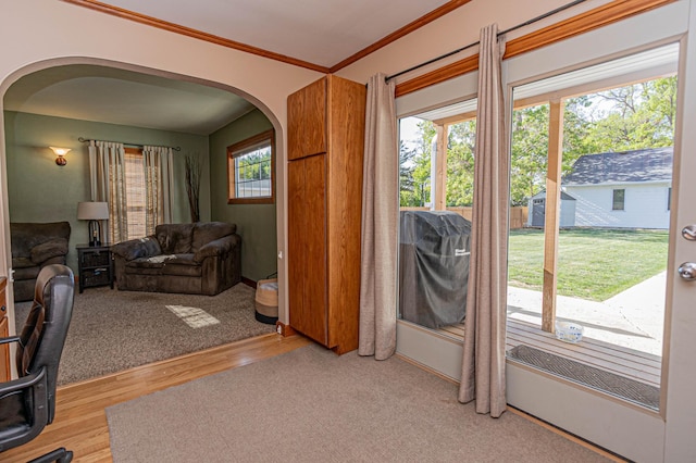 114 Iowa Ave, Hoffman, MN 56339 - home office featuring arched walkways, ornamental molding, and light wood-type flooring