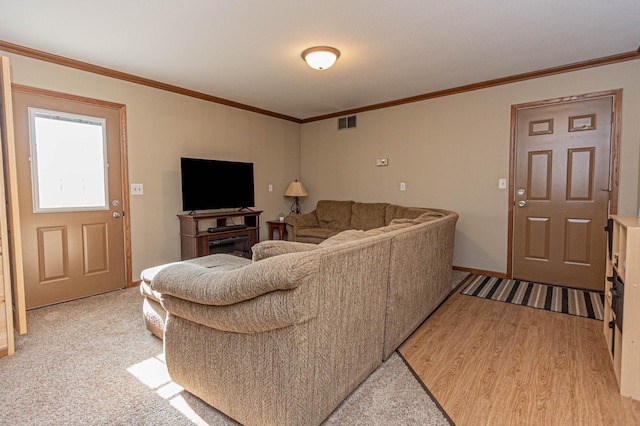 114 Iowa Ave, Hoffman, MN 56339 - living room featuring light wood-type flooring, ornamental molding, and baseboards