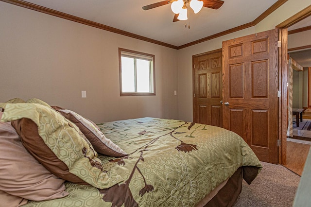 114 Iowa Ave, Hoffman, MN 56339 - carpeted bedroom featuring a ceiling fan, a closet, and ornamental molding