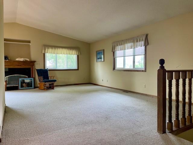 4924 Three Points Blvd, Mound, MN 55364 - unfurnished living room with carpet flooring, vaulted ceiling, healthy amount of natural light, and a fireplace