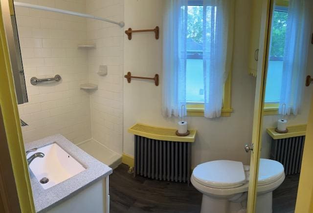 323 Weisel St, Litchfield, MN 55355 - full bath featuring radiator heating unit, toilet, vanity, a shower, and baseboards