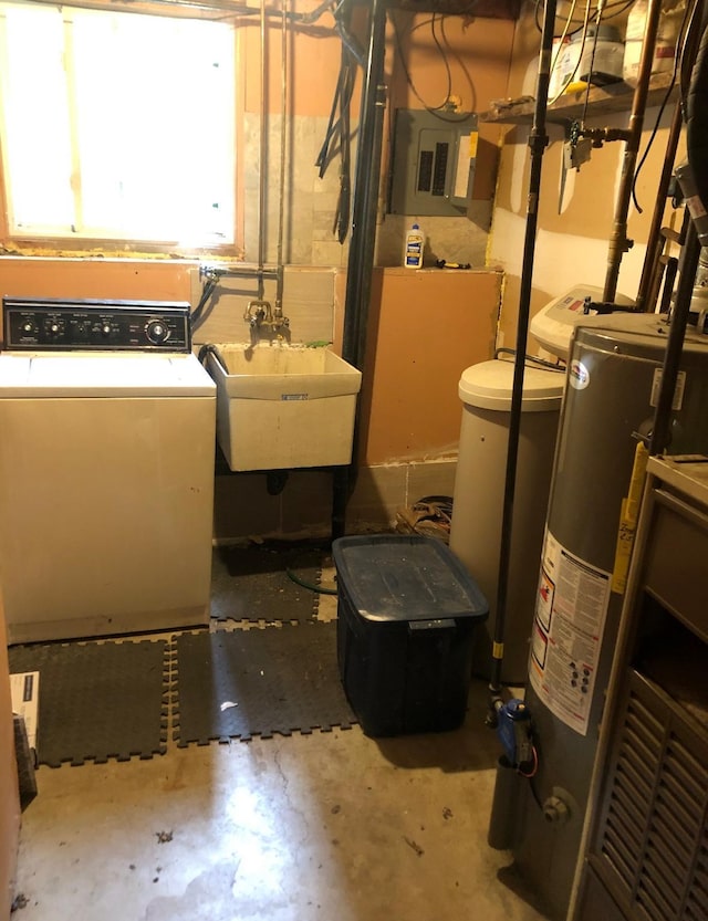 10989 Osage St NW, Coon Rapids, MN 55433 - below grade area with washer / clothes dryer, electric panel, gas water heater, and a sink