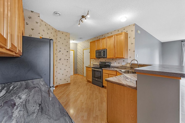 13037 Europa Trail Way N Unit A, Hugo, MN 55038 - kitchen featuring black electric range oven, a sink, wallpapered walls, a peninsula, and freestanding refrigerator