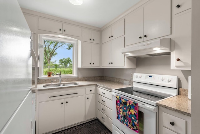 2401 Decatur Ave S, Saint Louis Park, MN 55426 - kitchen with white appliances, under cabinet range hood, a sink, light countertops, and white cabinets