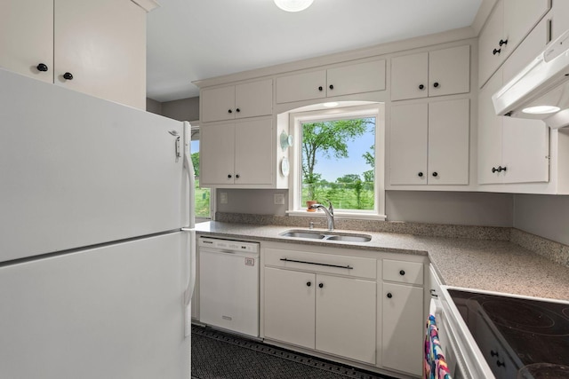 2401 Decatur Ave S, Saint Louis Park, MN 55426 - kitchen featuring white appliances, exhaust hood, a sink, white cabinetry, and light countertops