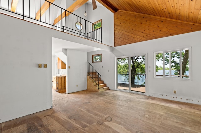 13144 Maple Circle Dr SE, Hudson Twp, MN 56334 - unfurnished living room with high vaulted ceiling, stairway, wood ceiling, and ceiling fan
