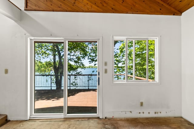 13144 Maple Circle Dr SE, Hudson Twp, MN 56334 - entryway with healthy amount of natural light, wooden ceiling, vaulted ceiling, and a water view