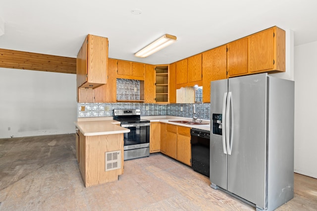 13144 Maple Circle Dr SE, Hudson Twp, MN 56334 - kitchen with stainless steel appliances, a sink, light countertops, backsplash, and brown cabinetry