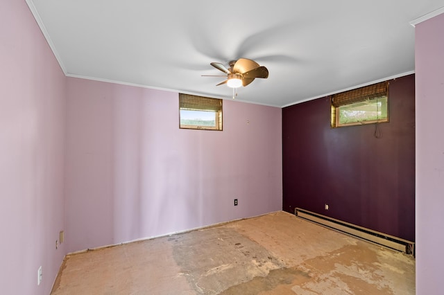 13144 Maple Circle Dr SE, Hudson Twp, MN 56334 - empty room with baseboard heating, a ceiling fan, and ornamental molding