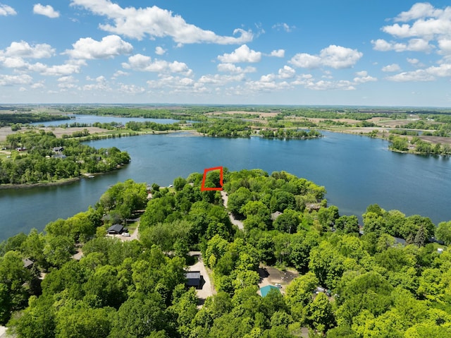 13144 Maple Circle Dr SE, Hudson Twp, MN 56334 - aerial view of property and surrounding area with a large body of water, property parcel outlined, and a forest