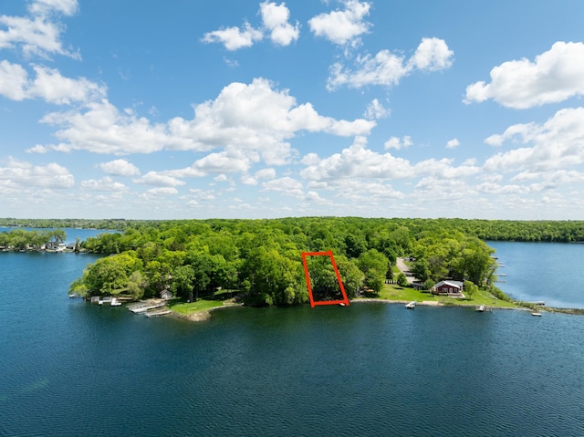 13144 Maple Circle Dr SE, Hudson Twp, MN 56334 - aerial view of property's location with a heavily wooded area, a large body of water, and property boundaries highlighted