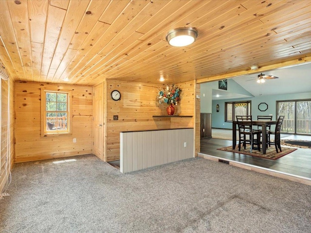 1465 State 84 NW, Backus, MN 56435 - unfurnished living room featuring wooden ceiling, wood walls, plenty of natural light, a ceiling fan, and carpet