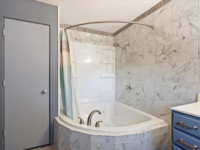 1465 State 84 NW, Backus, MN 56435 - bathroom featuring tiled shower / bath, vanity, and a textured ceiling