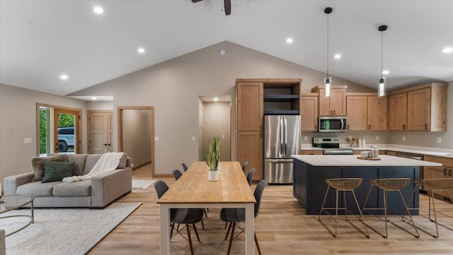 2948 N Oaks Ln NW, Garfield, MN 56332 - kitchen featuring stainless steel appliances, open shelves, vaulted ceiling, light countertops, and light wood finished floors