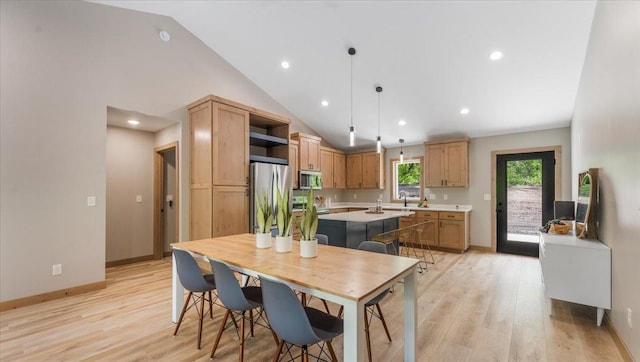 2948 N Oaks Ln NW, Garfield, MN 56332 - kitchen with open shelves, stainless steel appliances, light countertops, lofted ceiling, and light wood finished floors