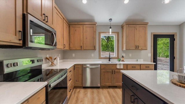 2948 N Oaks Ln NW, Garfield, MN 56332 - kitchen with stainless steel appliances, a sink, light countertops, light wood-style floors, and decorative light fixtures