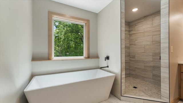 2948 N Oaks Ln NW, Garfield, MN 56332 - full bath with a freestanding bath, vanity, a tile shower, and recessed lighting