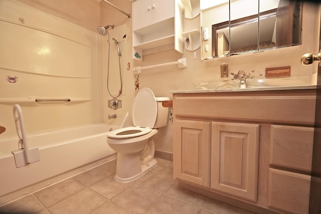 full bathroom featuring tile patterned floors, toilet, vanity, shower / bath combination, and baseboards