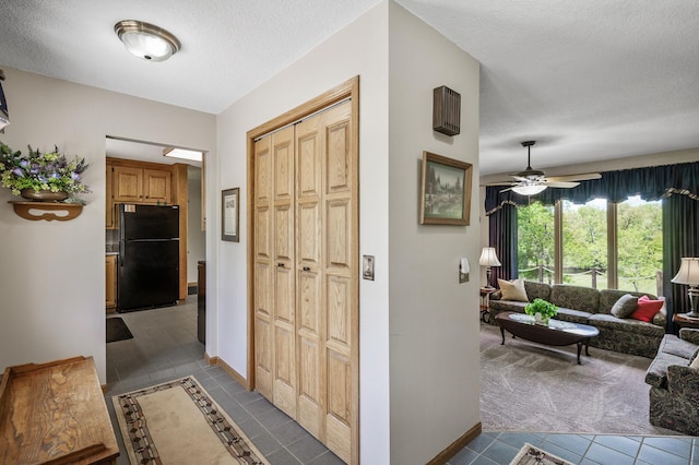 11946 180th St, Milaca Twp, MN 56353 - foyer featuring tile patterned flooring, a textured ceiling, a ceiling fan, and baseboards