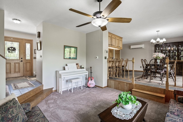 11946 180th St, Milaca Twp, MN 56353 - carpeted living room with an AC wall unit, a ceiling fan, a chandelier, and baseboards