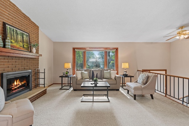 3225 Hillsboro Ave N, New Hope, MN 55427 - living area featuring carpet, a fireplace, and ceiling fan
