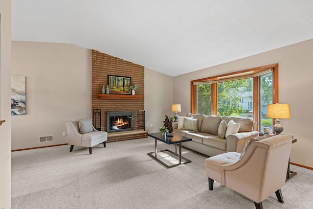 3225 Hillsboro Ave N, New Hope, MN 55427 - carpeted living room with vaulted ceiling and a fireplace