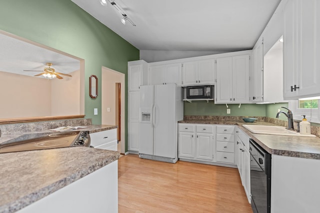 3225 Hillsboro Ave N, New Hope, MN 55427 - kitchen featuring black appliances, lofted ceiling, white cabinets, light wood-type flooring, and ceiling fan