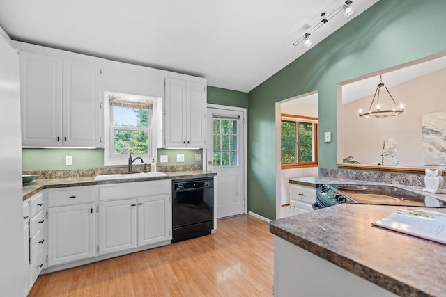 3225 Hillsboro Ave N, New Hope, MN 55427 - kitchen with black dishwasher, light wood-type flooring, white cabinets, a chandelier, and lofted ceiling