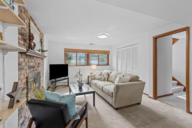 3225 Hillsboro Ave N, New Hope, MN 55427 - living area featuring a fireplace, light carpet, and stairs