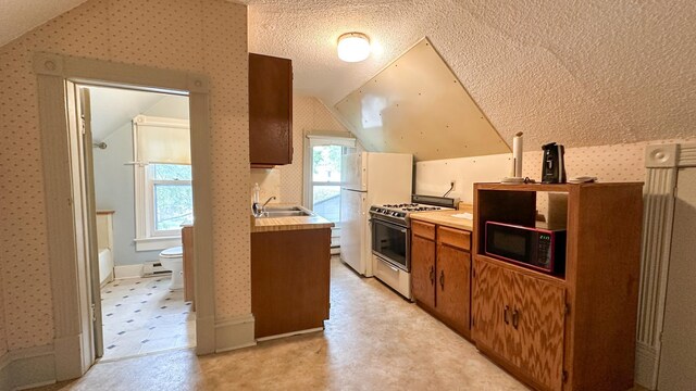 226 3rd Ave NE, Saint Cloud, MN 56304 - kitchen featuring stainless steel range with gas cooktop, black microwave, vaulted ceiling, a sink, and light countertops