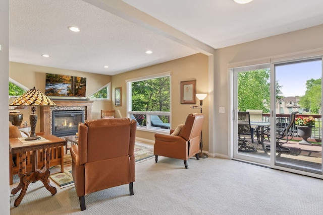 3806 Sunset Dr, Spring Park, MN 55384 - carpeted living area with a glass covered fireplace, recessed lighting, baseboards, and a textured ceiling
