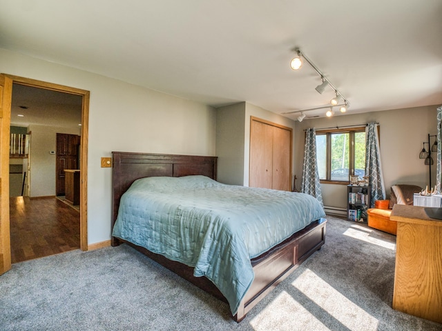 300 27th St NE, Bemidji, MN 56601 - carpeted bedroom with rail lighting, a closet, and a baseboard radiator