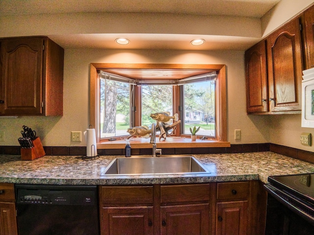 300 27th St NE, Bemidji, MN 56601 - kitchen with black appliances, a sink, and dark countertops