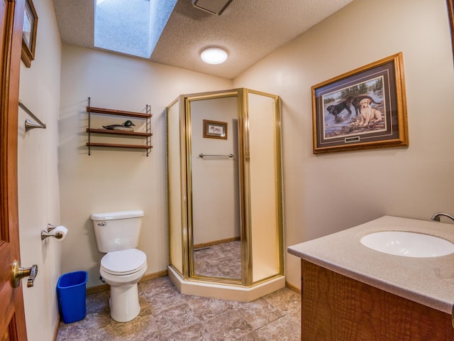 300 27th St NE, Bemidji, MN 56601 - full bath featuring a skylight, toilet, a stall shower, and vanity