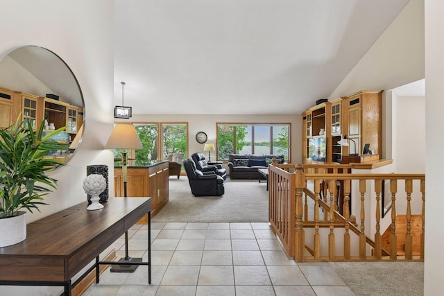 21273 Floral Bay Dr N, Forest Lake, MN 55025 - living room featuring light colored carpet, lofted ceiling, and light tile patterned floors